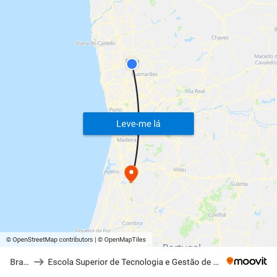 Braga to Escola Superior de Tecnologia e Gestão de Águeda map