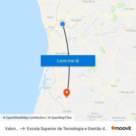 Valongo to Escola Superior de Tecnologia e Gestão de Águeda map