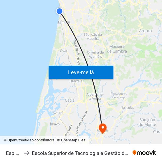 Espinho to Escola Superior de Tecnologia e Gestão de Águeda map