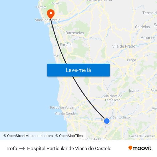 Trofa to Hospital Particular de Viana do Castelo map