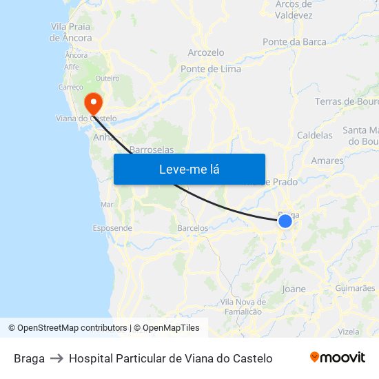 Braga to Hospital Particular de Viana do Castelo map