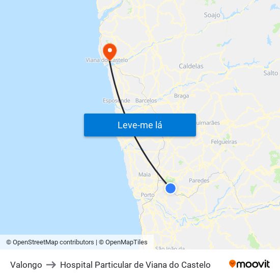 Valongo to Hospital Particular de Viana do Castelo map