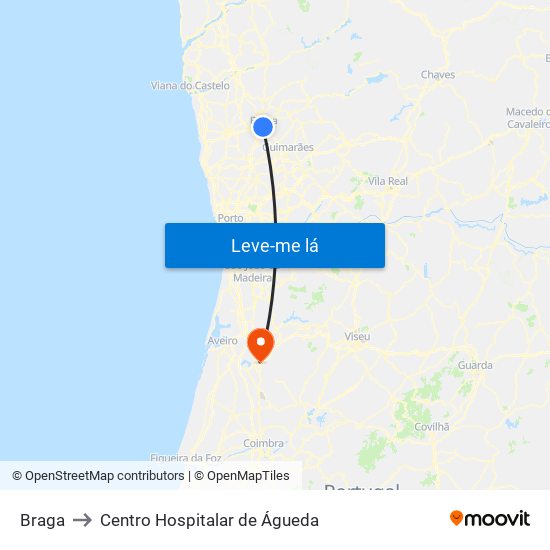 Braga to Centro Hospitalar de Águeda map