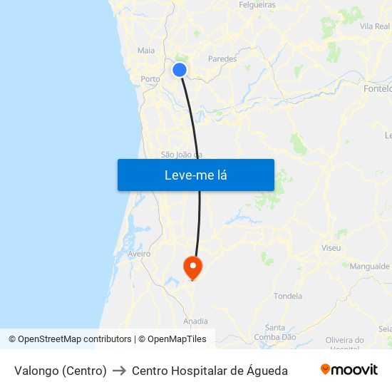 Valongo (Centro) to Centro Hospitalar de Águeda map