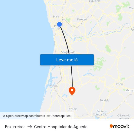Enxurreiras to Centro Hospitalar de Águeda map