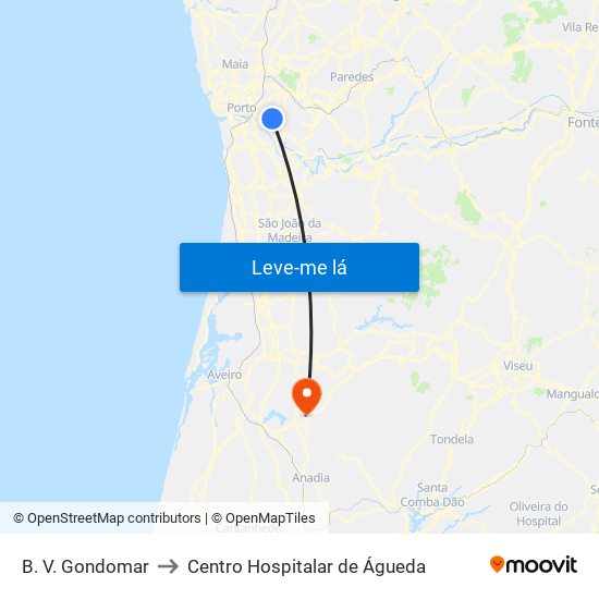 B. V. Gondomar to Centro Hospitalar de Águeda map