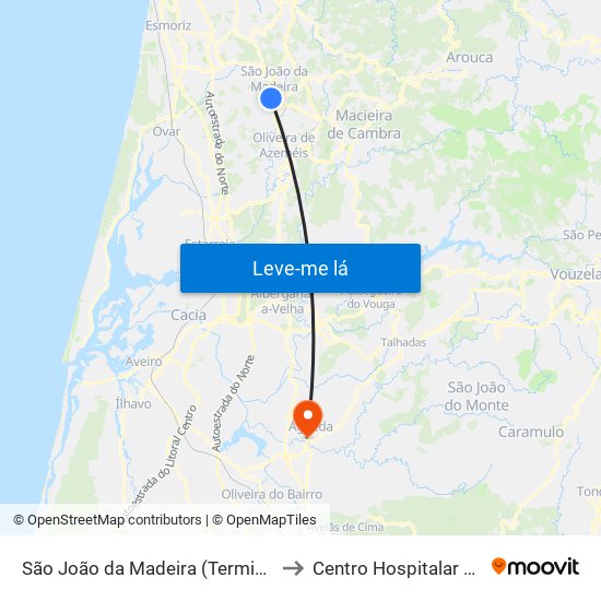 São João da Madeira (Terminal Rodoviário) to Centro Hospitalar de Águeda map