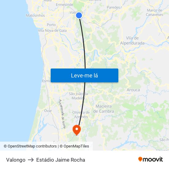 Valongo to Estádio Jaime Rocha map
