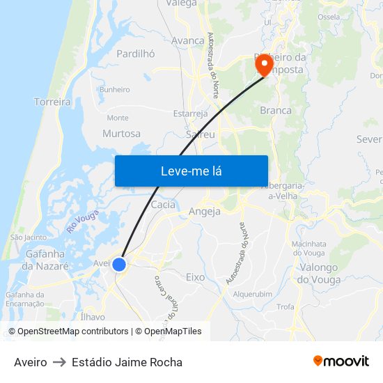 Aveiro to Estádio Jaime Rocha map