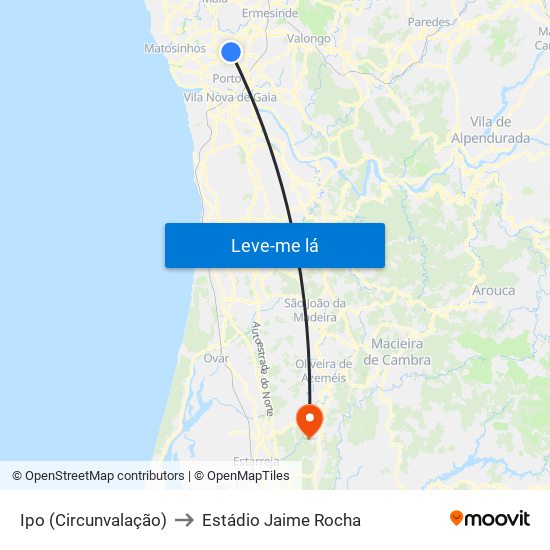 Ipo (Circunvalação) to Estádio Jaime Rocha map