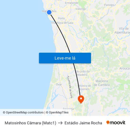 Matosinhos Câmara (Matc1) to Estádio Jaime Rocha map