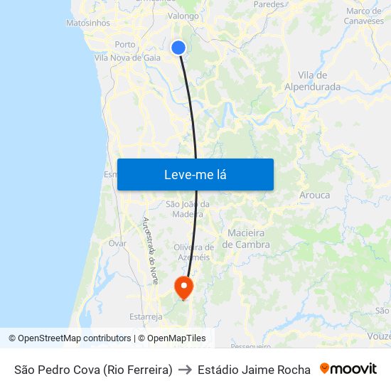 São Pedro Cova (Rio Ferreira) to Estádio Jaime Rocha map