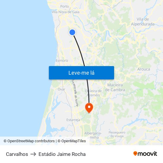 Carvalhos to Estádio Jaime Rocha map