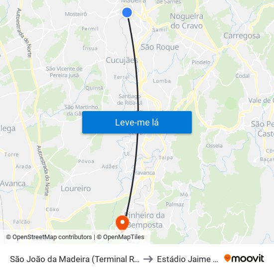 São João da Madeira (Terminal Rodoviário) to Estádio Jaime Rocha map