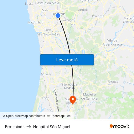 Ermesinde to Hospital São Miguel map