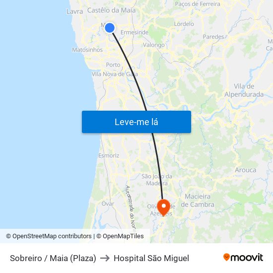 Sobreiro / Maia (Plaza) to Hospital São Miguel map