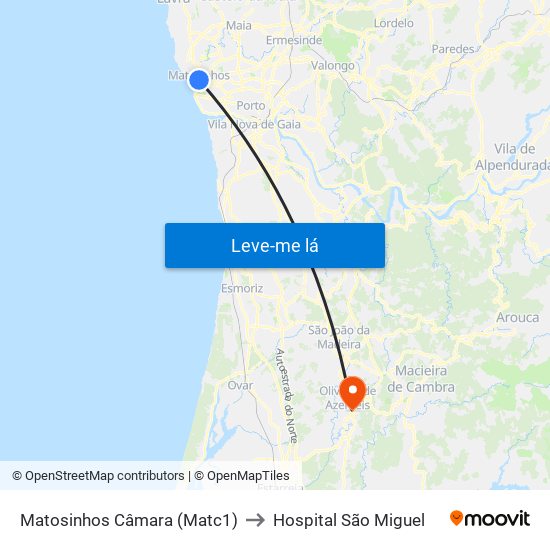 Matosinhos Câmara (Matc1) to Hospital São Miguel map