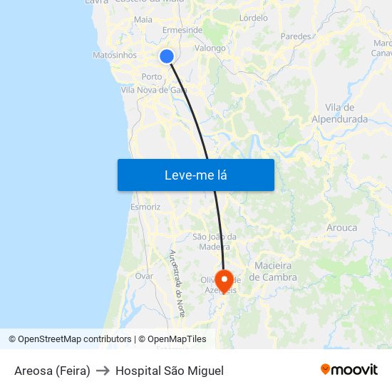 Areosa (Feira) to Hospital São Miguel map
