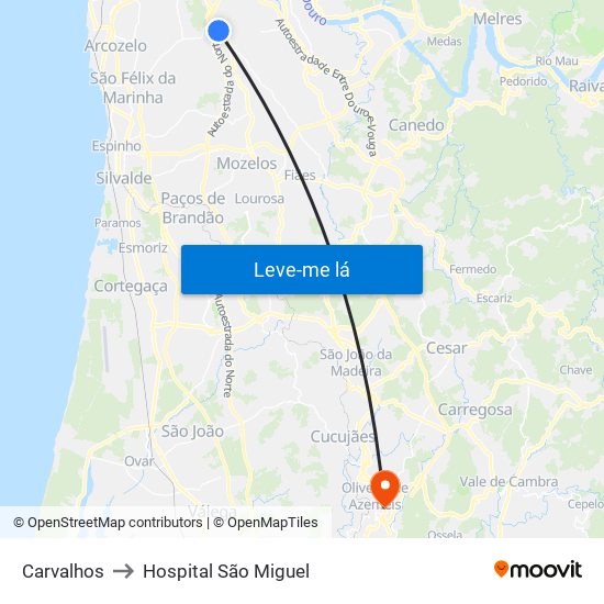 Carvalhos to Hospital São Miguel map