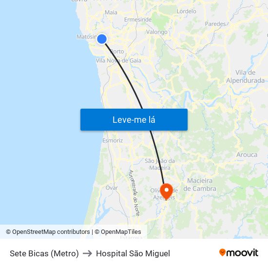 Sete Bicas (Metro) to Hospital São Miguel map