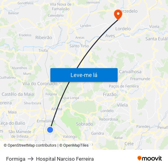 Formiga to Hospital Narciso Ferreira map