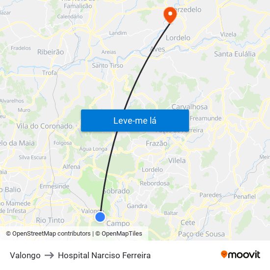 Valongo to Hospital Narciso Ferreira map