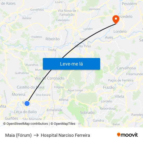 Maia (Fórum) to Hospital Narciso Ferreira map