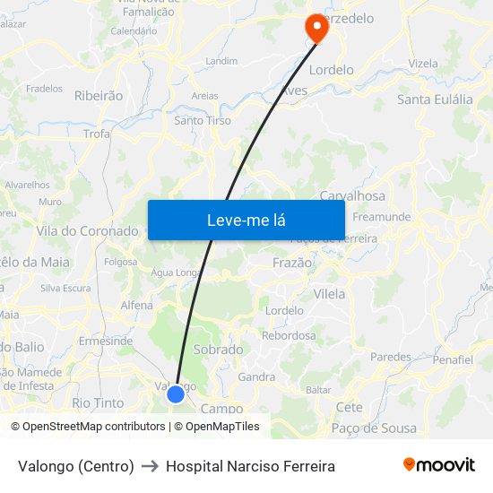 Valongo (Centro) to Hospital Narciso Ferreira map