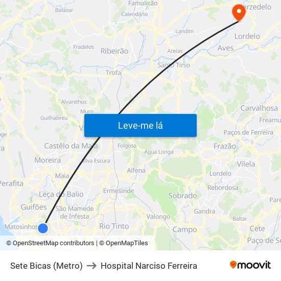 Sete Bicas (Metro) to Hospital Narciso Ferreira map