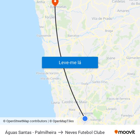 Águas Santas - Palmilheira to Neves Futebol Clube map