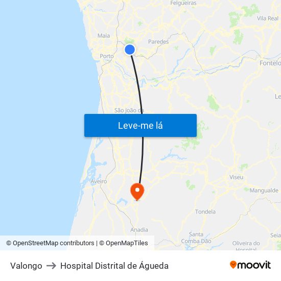 Valongo to Hospital Distrital de Águeda map