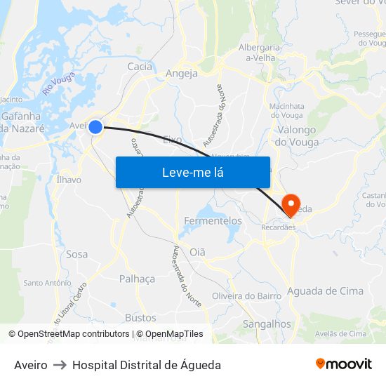 Aveiro to Hospital Distrital de Águeda map