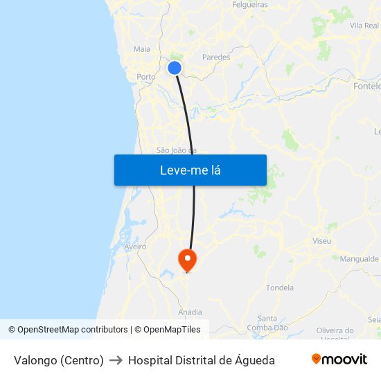 Valongo (Centro) to Hospital Distrital de Águeda map