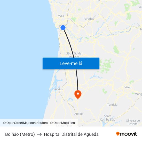 Bolhão (Metro) to Hospital Distrital de Águeda map