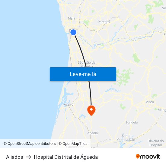 Aliados to Hospital Distrital de Águeda map