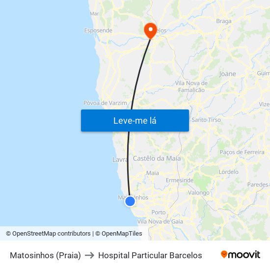 Matosinhos (Praia) to Hospital Particular Barcelos map