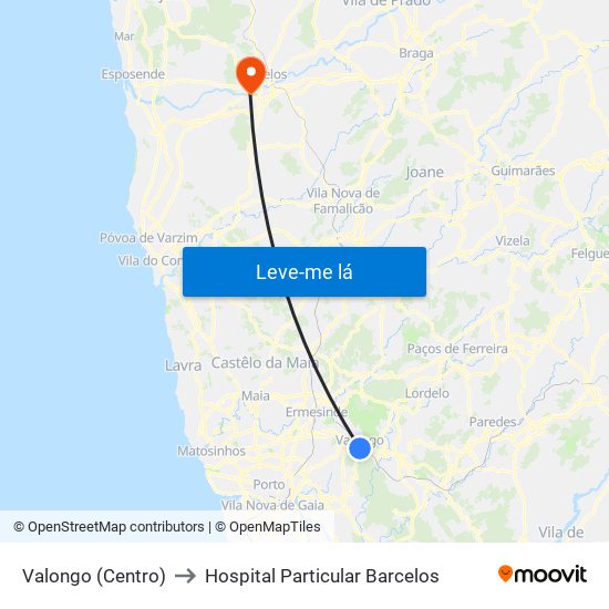 Valongo (Centro) to Hospital Particular Barcelos map