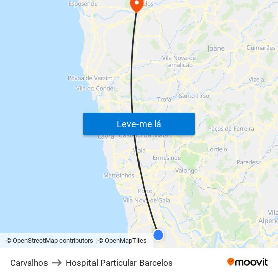 Carvalhos to Hospital Particular Barcelos map