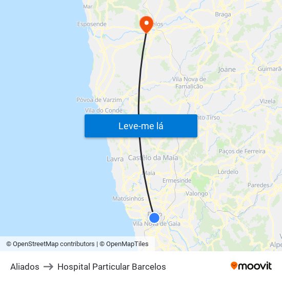 Aliados to Hospital Particular Barcelos map