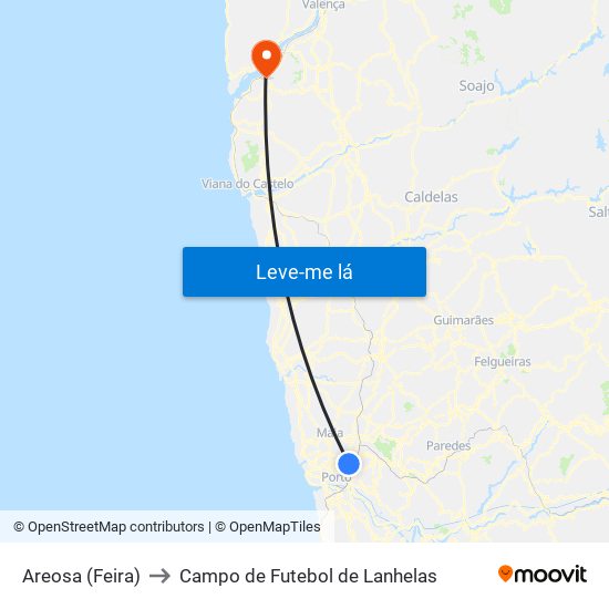 Areosa (Feira) to Campo de Futebol de Lanhelas map