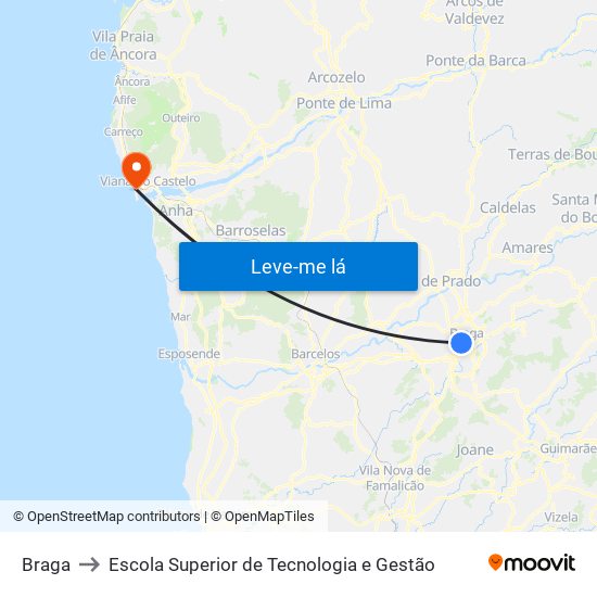 Braga to Escola Superior de Tecnologia e Gestão map