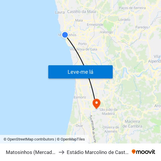 Matosinhos (Mercado) to Estádio Marcolino de Castro map