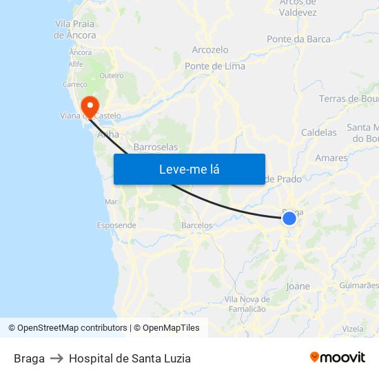Braga to Hospital de Santa Luzia map