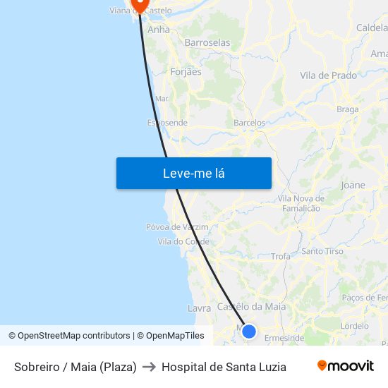 Sobreiro / Maia (Plaza) to Hospital de Santa Luzia map