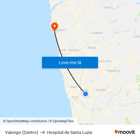 Valongo (Centro) to Hospital de Santa Luzia map