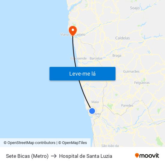 Sete Bicas (Metro) to Hospital de Santa Luzia map