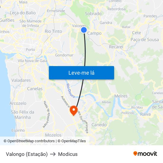 Valongo (Estação) to Modicus map