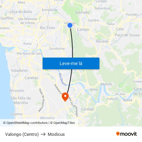 Valongo (Centro) to Modicus map