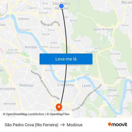 São Pedro Cova (Rio Ferreira) to Modicus map