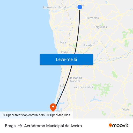 Braga to Aeródromo Municipal de Aveiro map